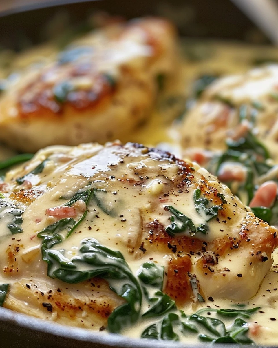 Indulgent Creamy Chicken Breast in Spinach Parmesan Sauce finished dish