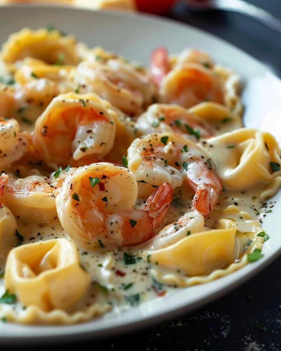 Indulgent Shrimp Tortellini Alfredo Recipe finished dish