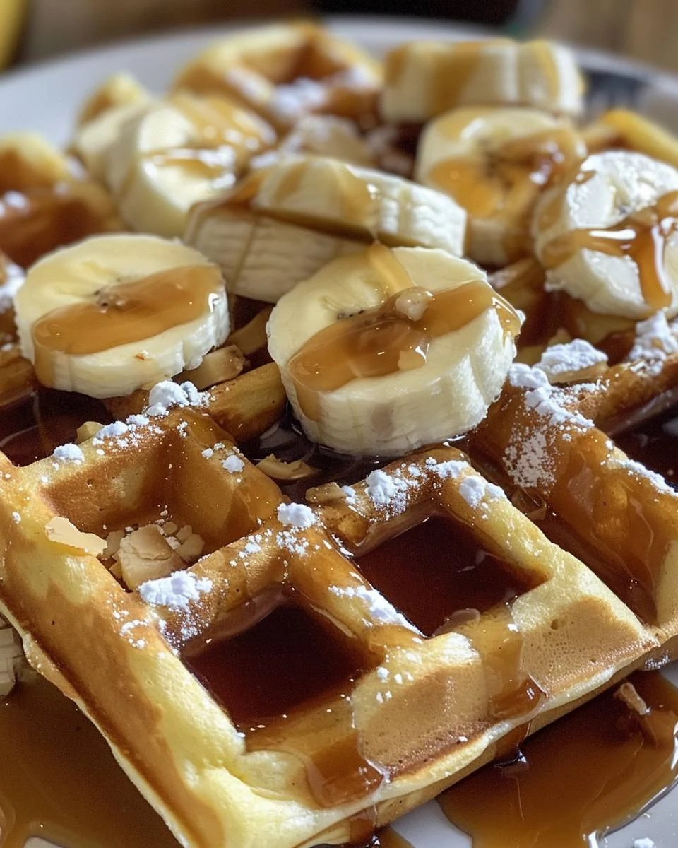 Indulgent Waffles with Banana and Salted Caramel Sauce finished dish