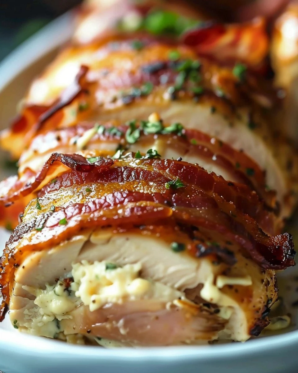 Irresistible Bacon Wrapped Cream Cheese Stuffed Chicken Breast finished dish