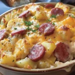 Irresistible Cheesy Potato Smoked Sausage Casserole Recipe finished dish