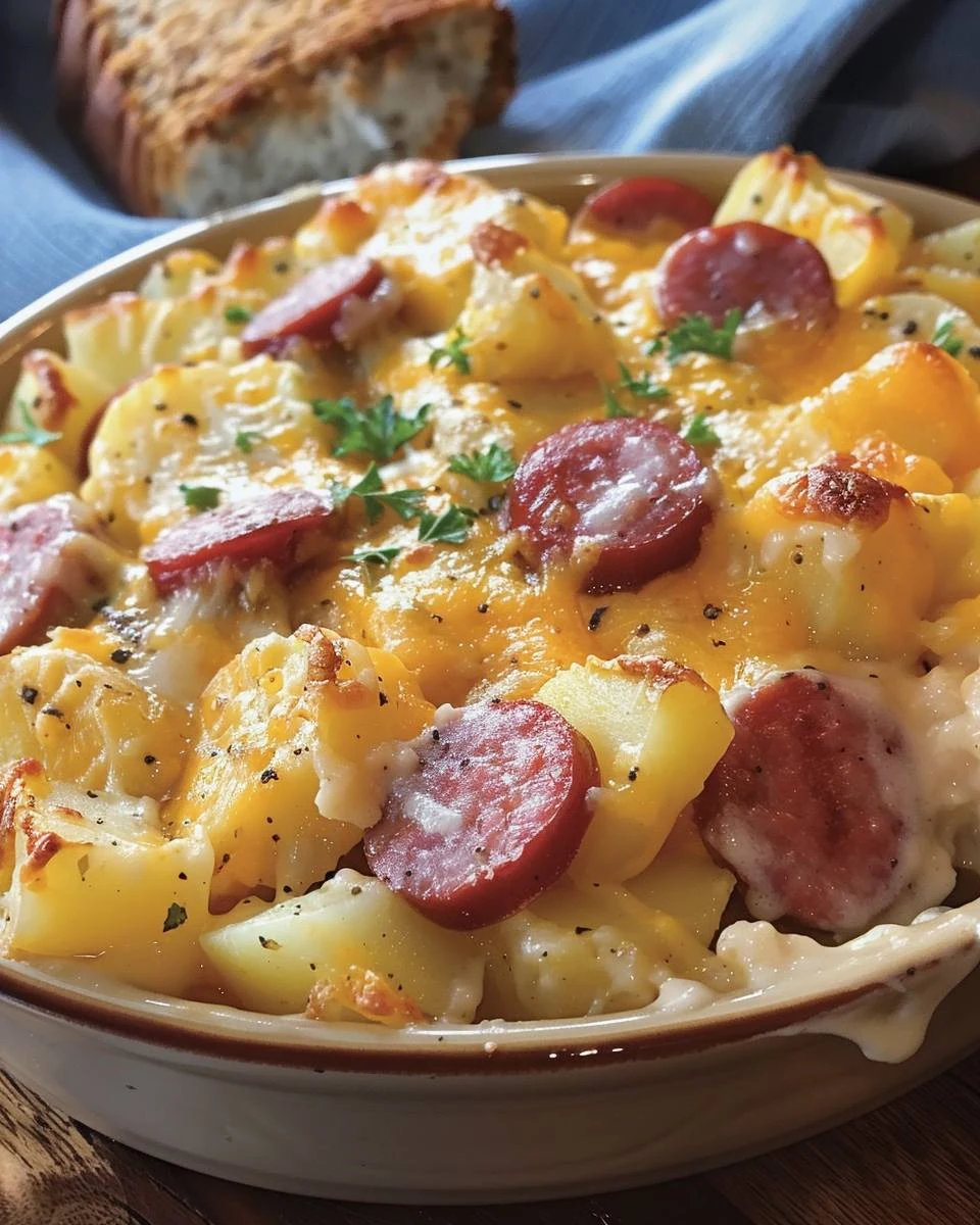 Irresistible Cheesy Potato Smoked Sausage Casserole Recipe finished dish