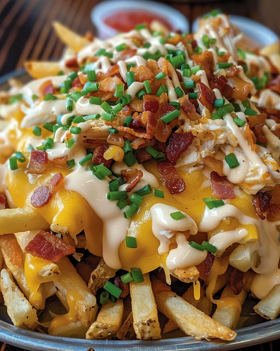 Irresistible Chicken Bacon Ranch Loaded Cheese Fries finished dish