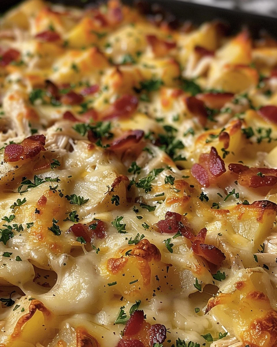Irresistible Chicken Bacon Ranch Potato Bake - OMG DONT LOSE THIS finished dish