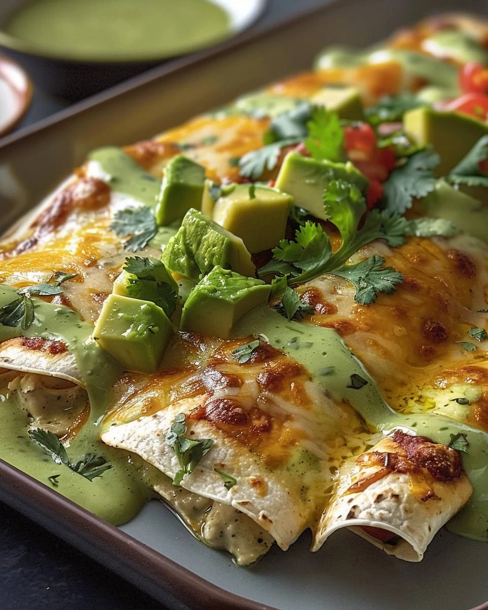 Irresistible Creamy Avocado Chicken Enchiladas Recipe finished dish
