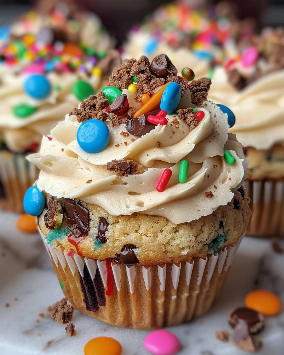 Irresistible Monster Cookie Dough Cupcakes Recipe finished dish