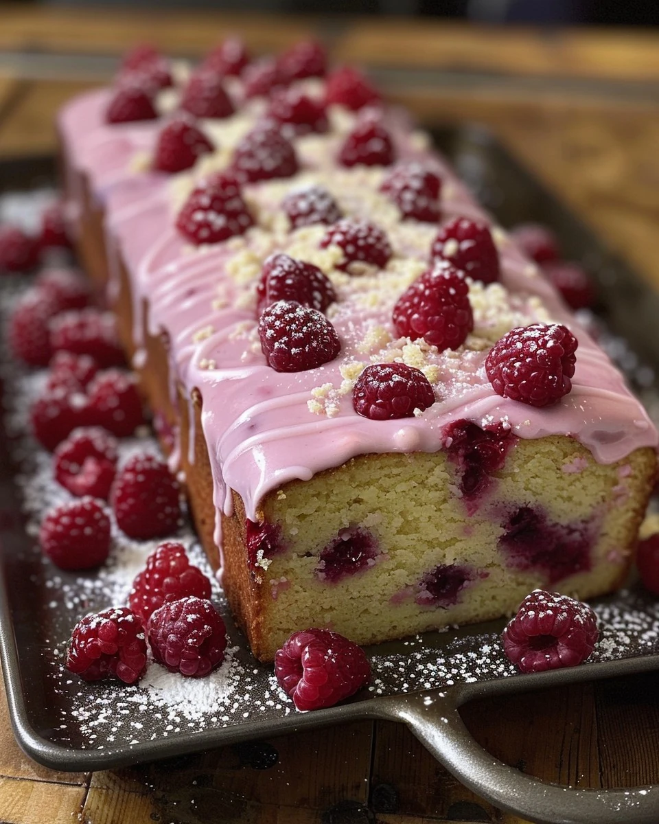 Moist Raspberry Yogurt Loaf Cake with Rose Glaze Recipe finished dish