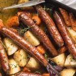 Oven Baked Sausages with Potatoes, Vegetables, and Gravy finished dish