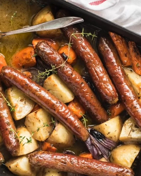 Oven Baked Sausages with Potatoes, Vegetables, and Gravy finished dish