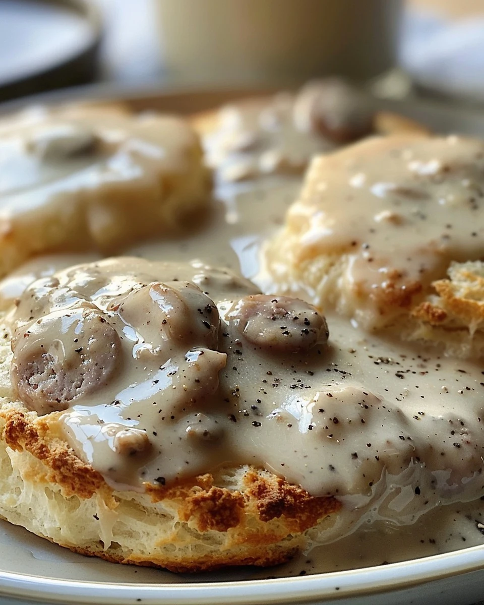 Perfect Sausage Gravy and Biscuits Recipe in 20 Minutes finished dish