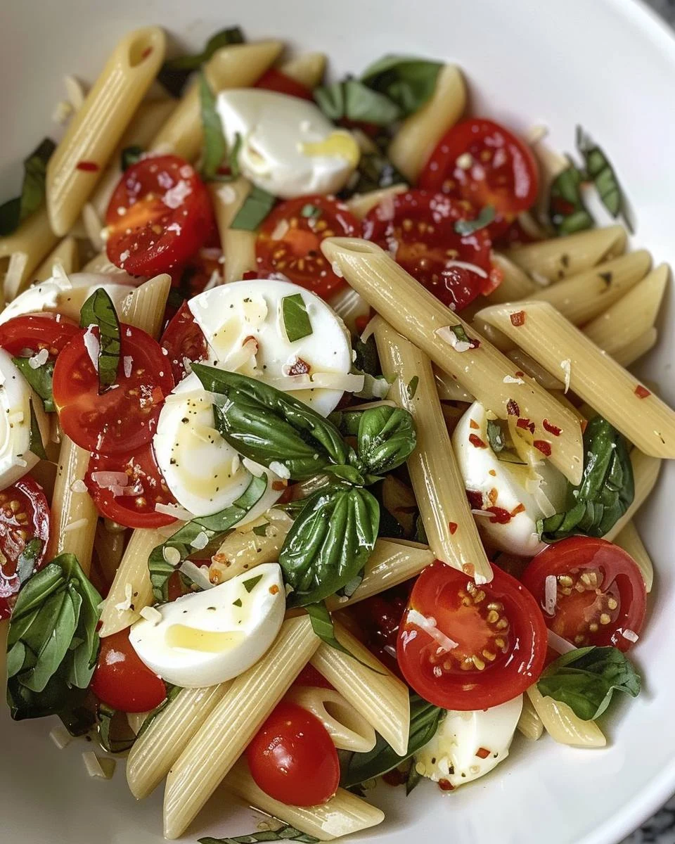 Quick and Easy Caprese Pasta with Basil Recipe finished dish
