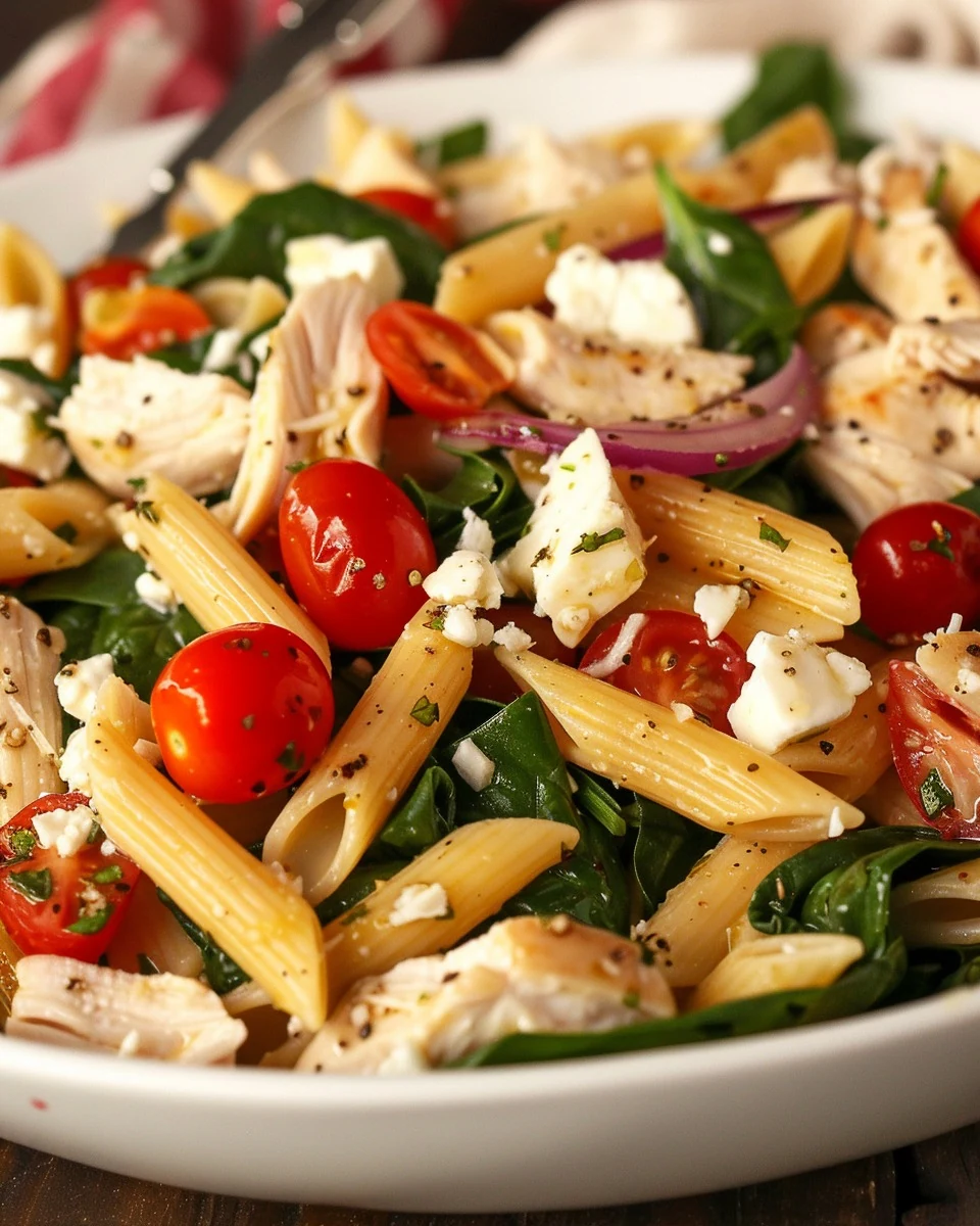 Quick and Easy Chicken Spinach Pasta Salad Recipe finished dish