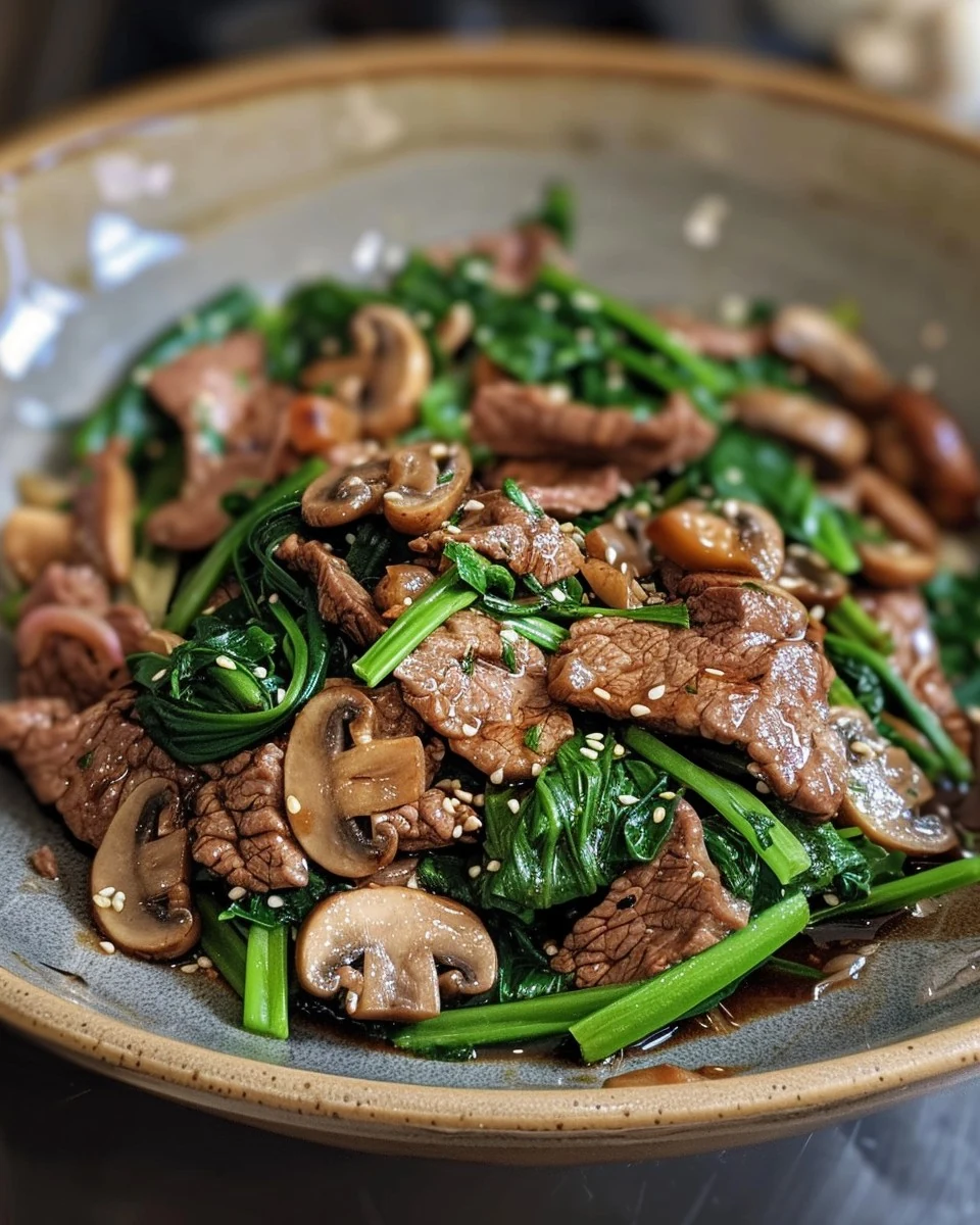 Quick and Flavorful Beef Mushroom Greens Stir-Fry Recipe finished dish