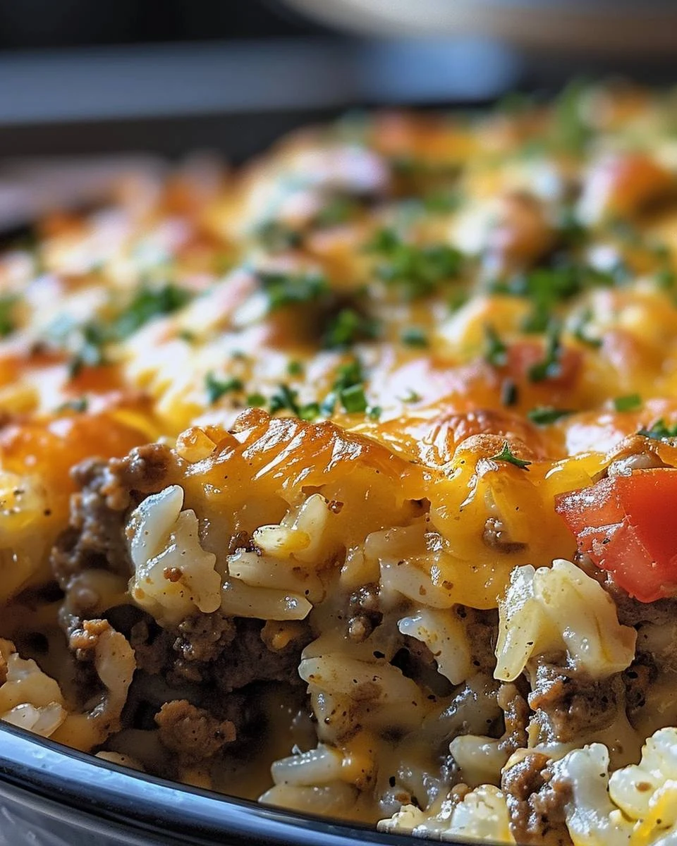 Quick Cheesy Hamburger Rice Casserole Recipe finished dish