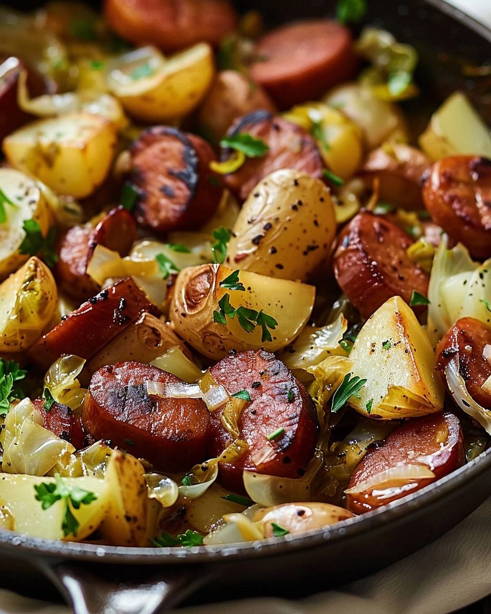 Quick Kielbasa Cabbage Potato Skillet Recipe finished dish