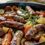 Quick One Pan Sausage and Vegetable Bake with Gravy finished dish