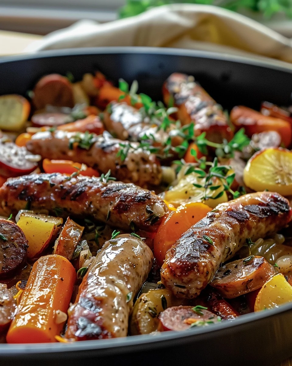 Quick One Pan Sausage and Vegetable Bake with Gravy finished dish