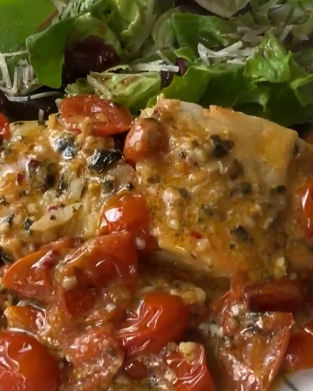 Quick Pan-Seared Mediterranean Cod in Tomato Basil Sauce finished dish
