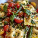 Quick Ravioli with Tomatoes Asparagus Garlic and Herbs finished dish