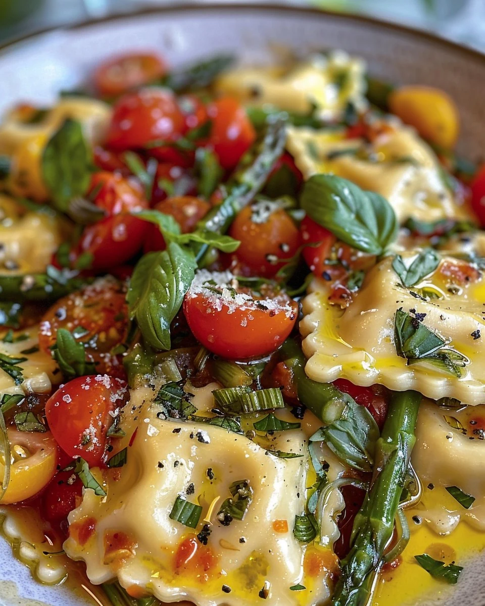 Quick Ravioli with Tomatoes Asparagus Garlic and Herbs finished dish