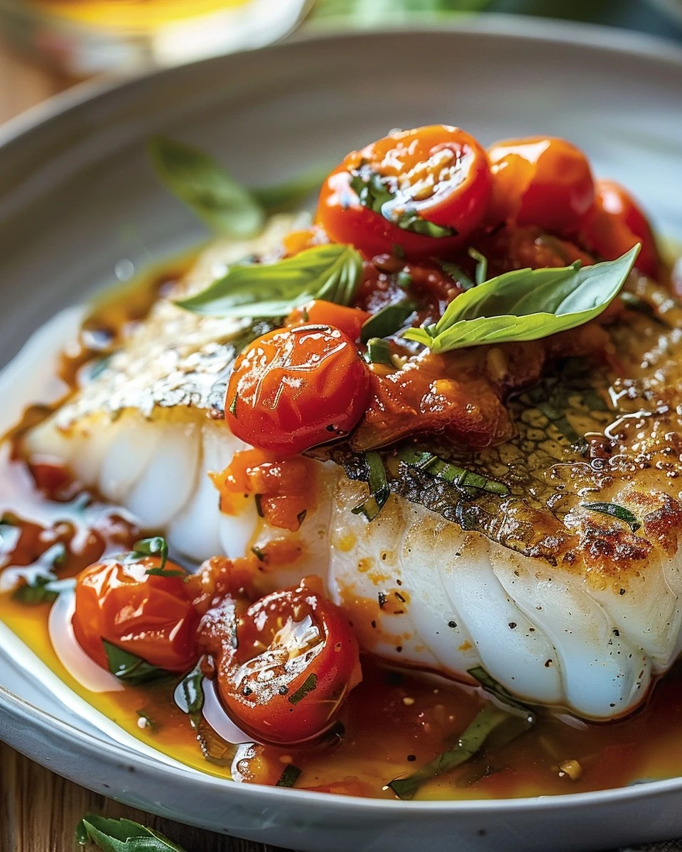 Quick Seared Cod with Tomato Basil Sauce Recipe finished dish
