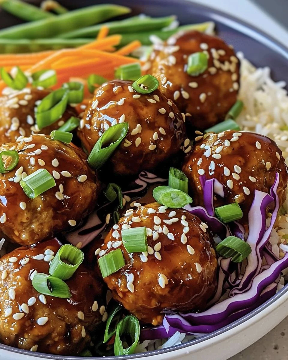 Quick Sticky Teriyaki Chicken Meatballs and Rice Recipe finished dish