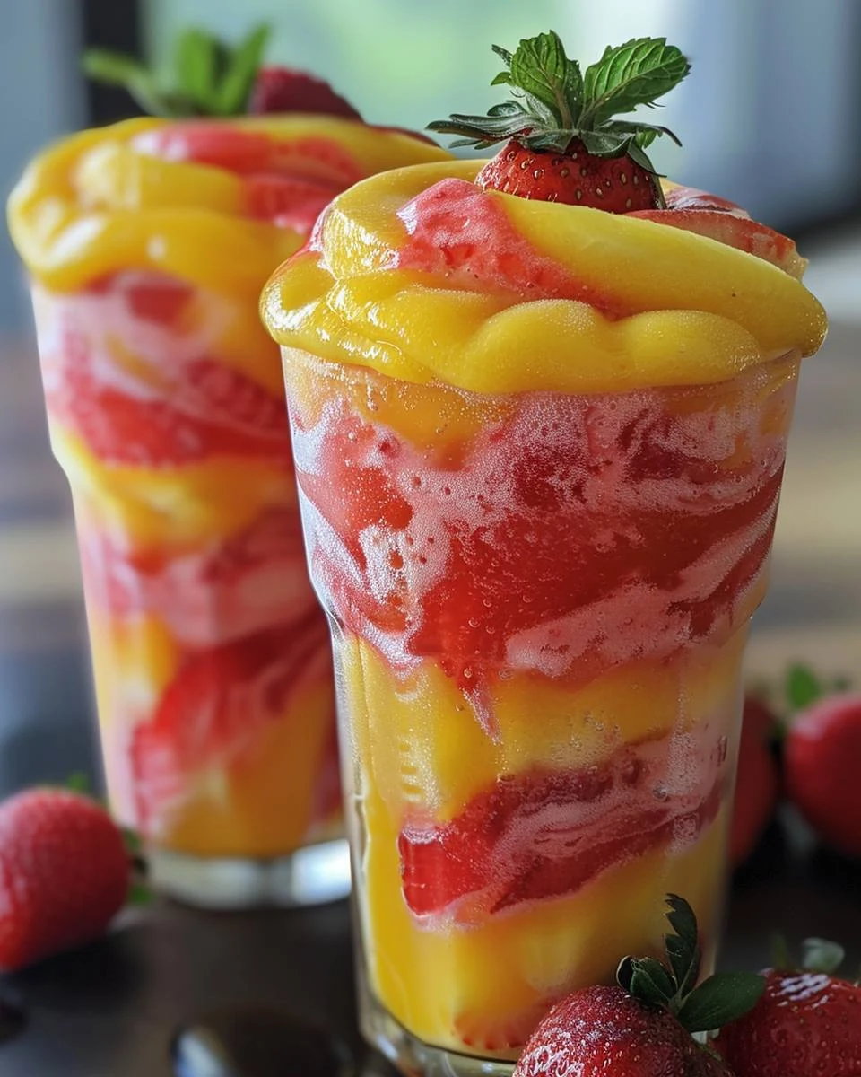 Refreshing Fresh Mango Strawberry Swirled Slushies Recipe finished dish