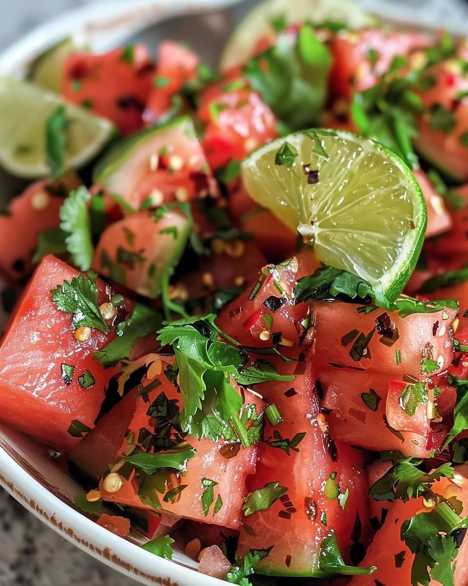 Refreshing Spicy Watermelon Salad with Cilantro and Lime finished dish
