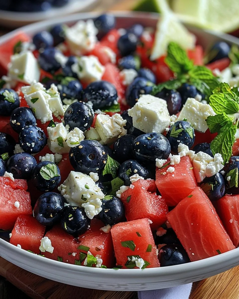 Refreshing Watermelon Blueberry Feta Salad Recipe finished dish