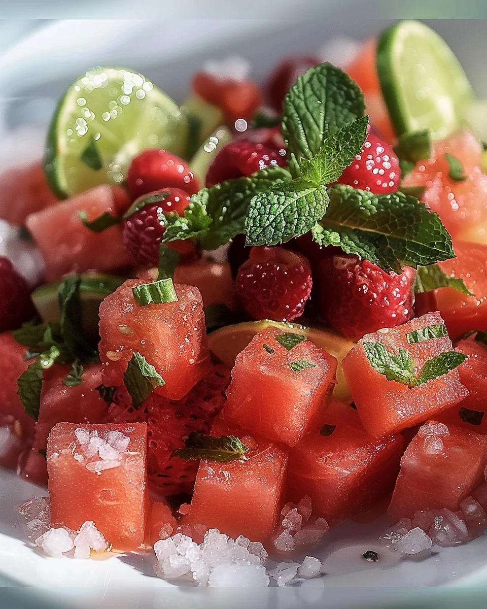 Refreshing Watermelon Fruit Salad with Lime Mint Dressing finished dish