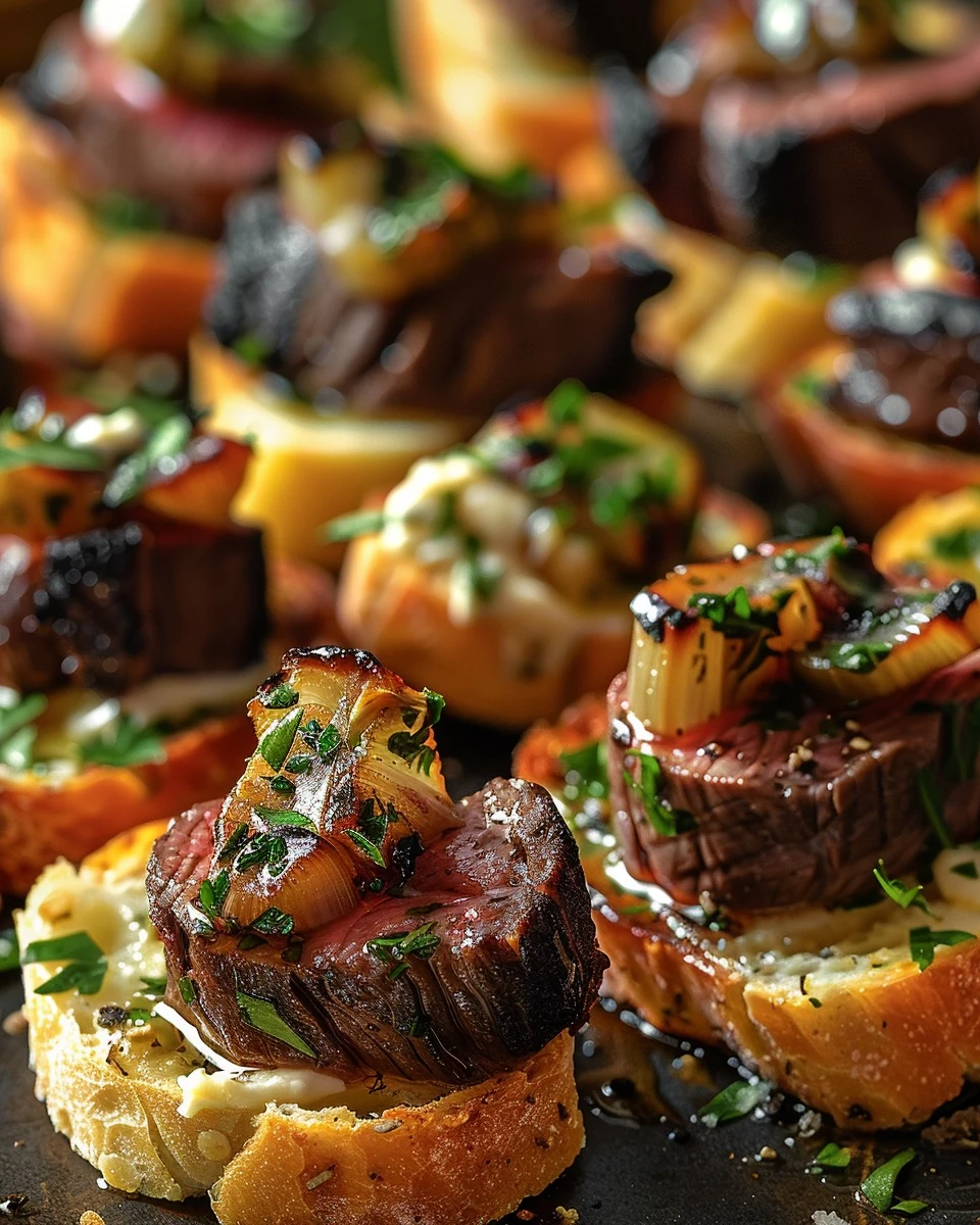 Savor Juicy Steak Bites with Garlic Bread and Tangy Horseradish Cream
