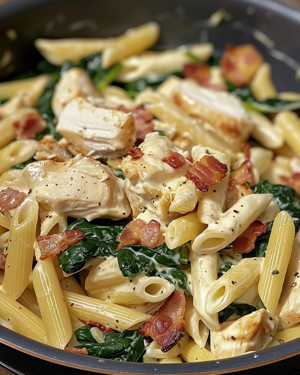 Savory Chicken Bacon Spinach Penne for Comforting Flavor finished dish