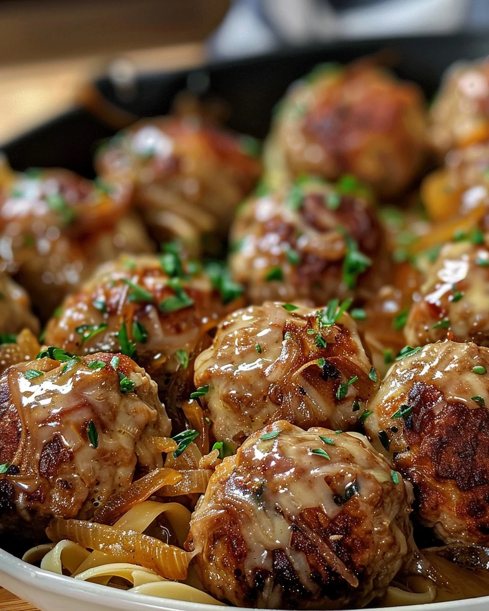 Savory French Onion Meatballs Recipe for Dinner finished dish