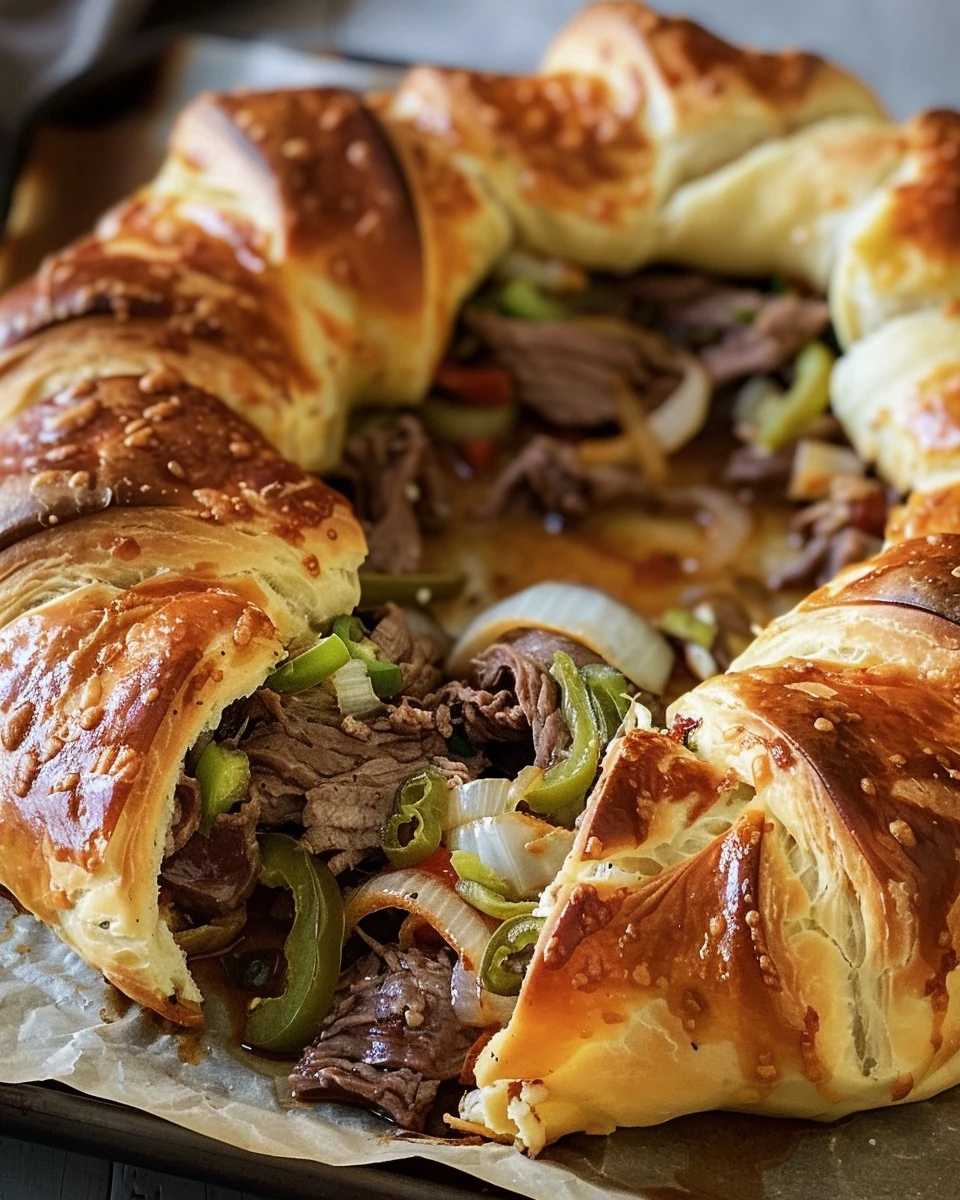 Savory Philly Cheese Steak Crescent Ring Recipe finished dish