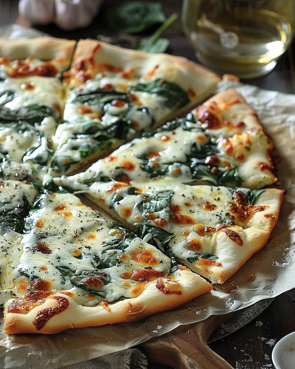 Savory Roasted Garlic Spinach White Pizza Recipe finished dish