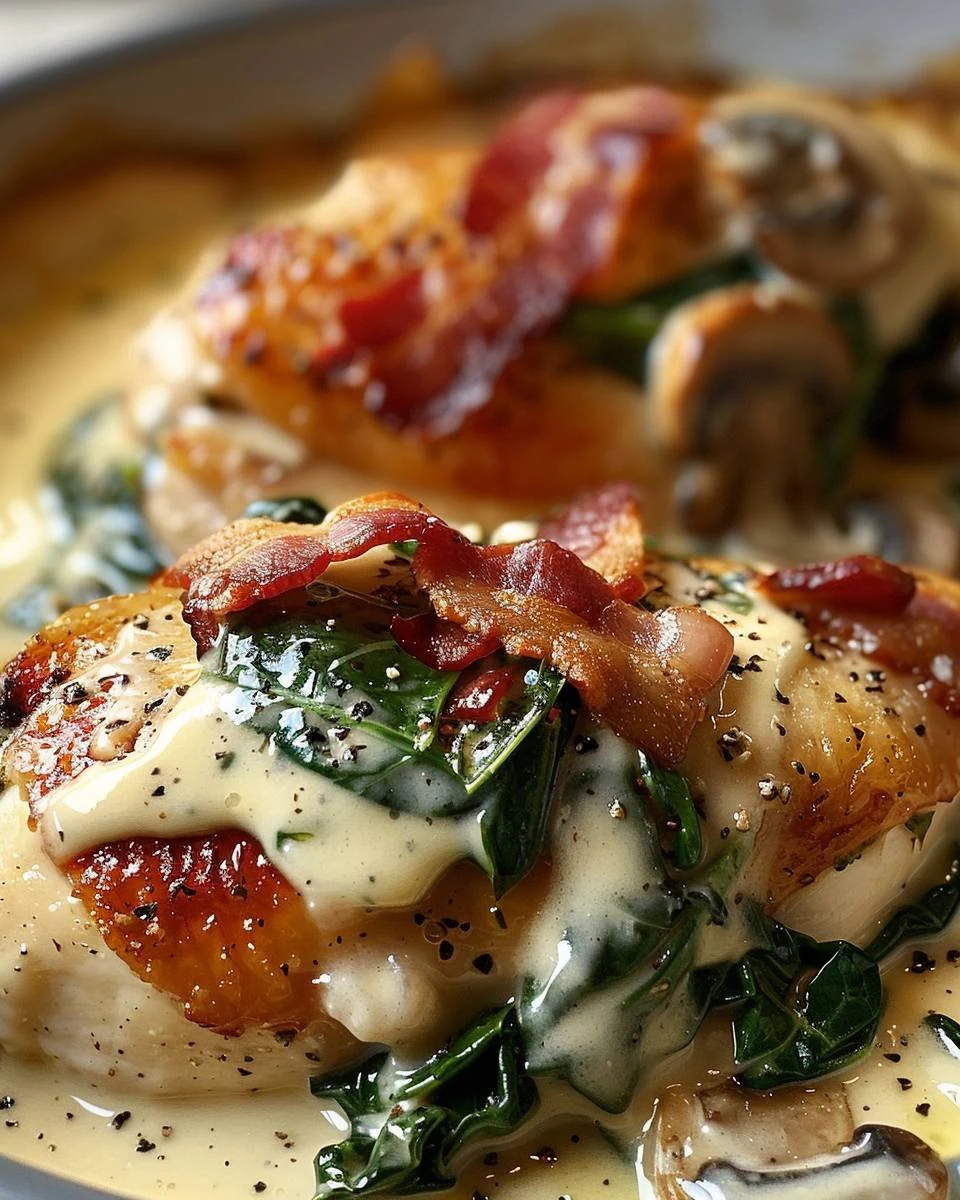 Savory Smothered Chicken with Creamed Spinach Bacon Mushrooms finished dish
