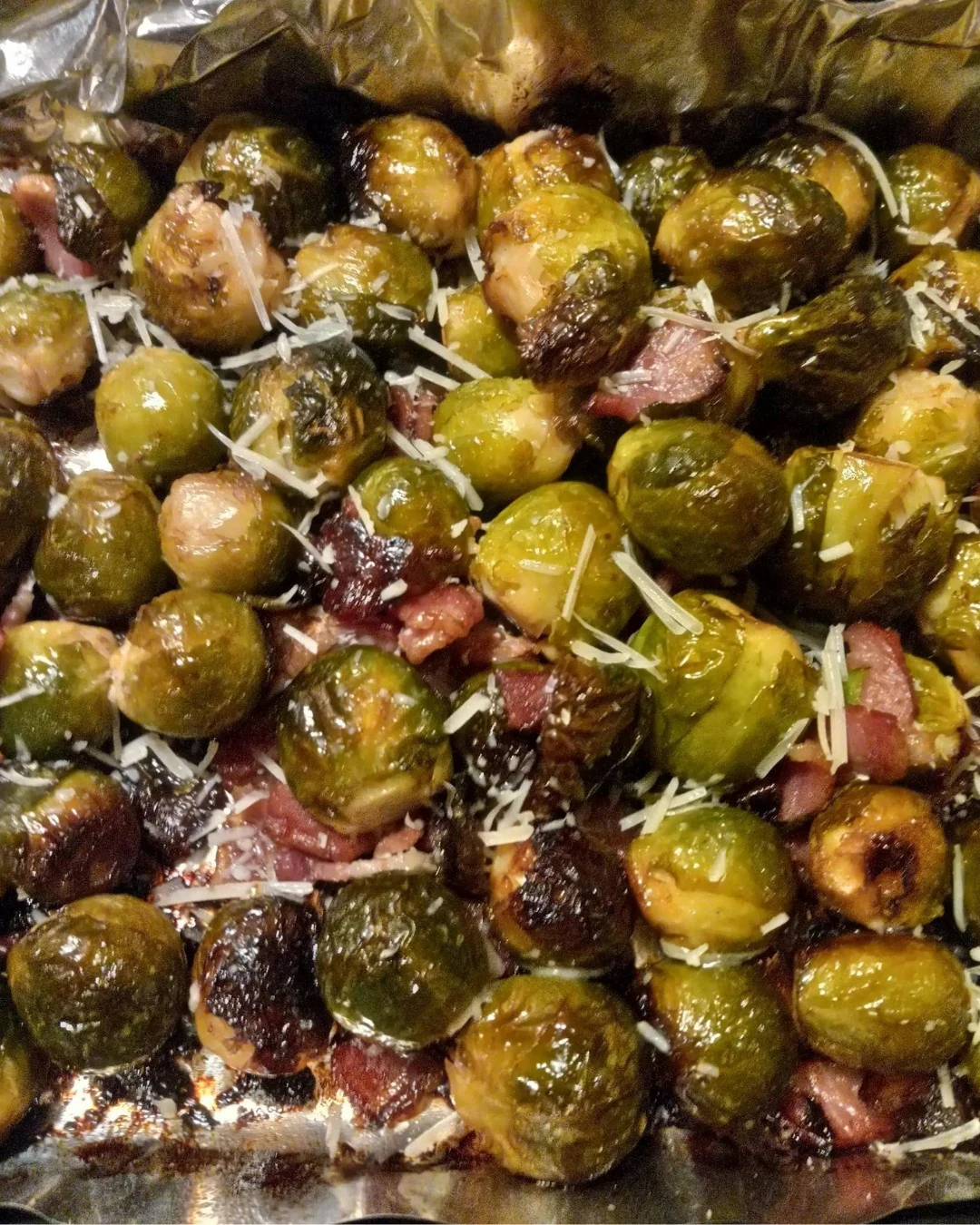 Sweet and Savory Maple Bacon Roasted Brussels Sprouts finished dish