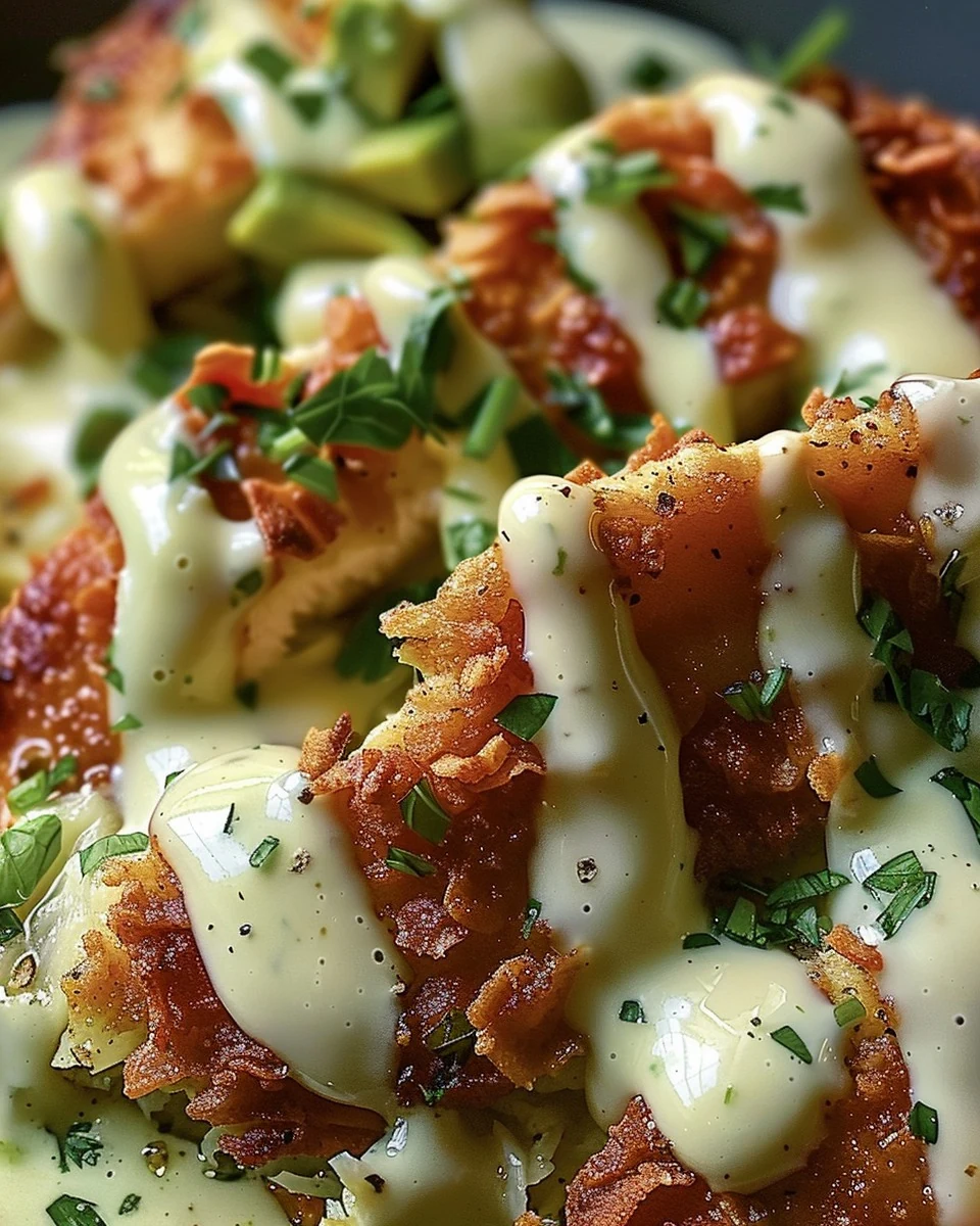 Tortilla Chip Pepper Jack Crusted Chicken with Avocado Jalapeno Ranch finished dish